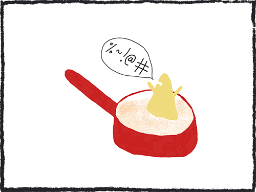 Fontina swearing from inside fondue pot