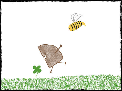 Joyful Gjetost with four-leaf clover and bee circling behind him
