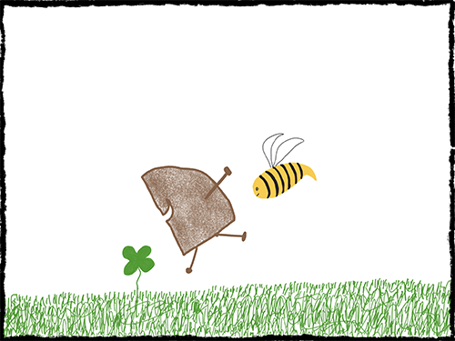 Joyful Gjetost with four-leaf clover and bee circling behind him