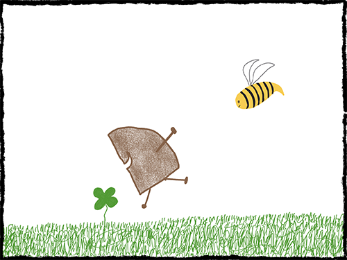 Joyful Gjetost with four-leaf clover and bee circling behind him