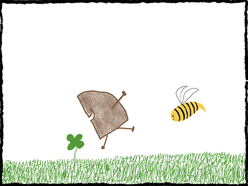 Joyful Gjetost with four-leaf clover and bee circling behind him