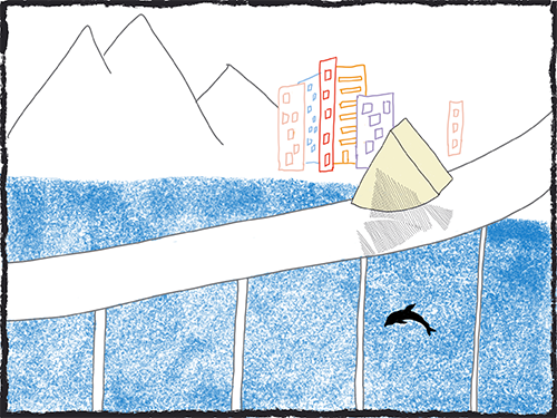 Manchego motionless on bridge with dolphin leaping in water