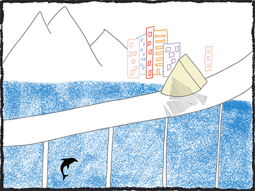 Manchego motionless on bridge with dolphin leaping in water