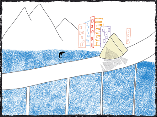 Manchego motionless on bridge with dolphin leaping in water