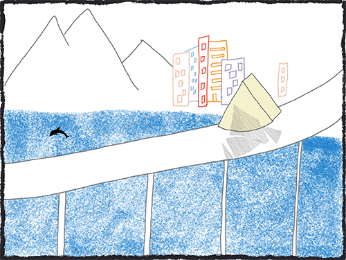 Manchego motionless on bridge with dolphin leaping in water