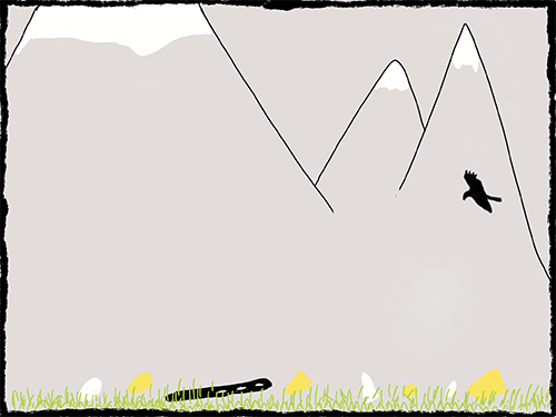 mountain valley with cheese crumbs in grass, bir flying overhead