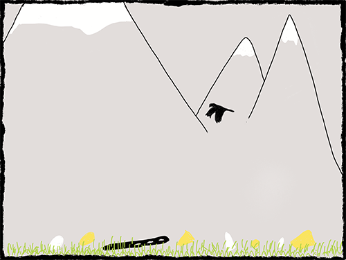 mountain valley with cheese crumbs in grass, bir flying overhead