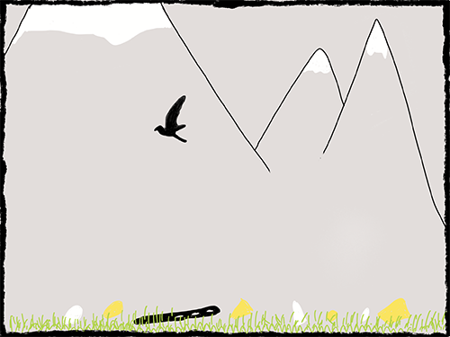 mountain valley with cheese crumbs in grass, bir flying overhead