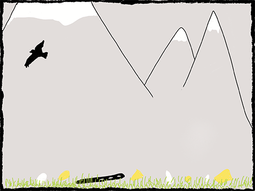 mountain valley with cheese crumbs in grass, bir flying overhead
