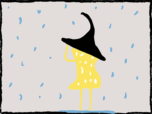 Suzy Swiss standing in rain wearing witches hat